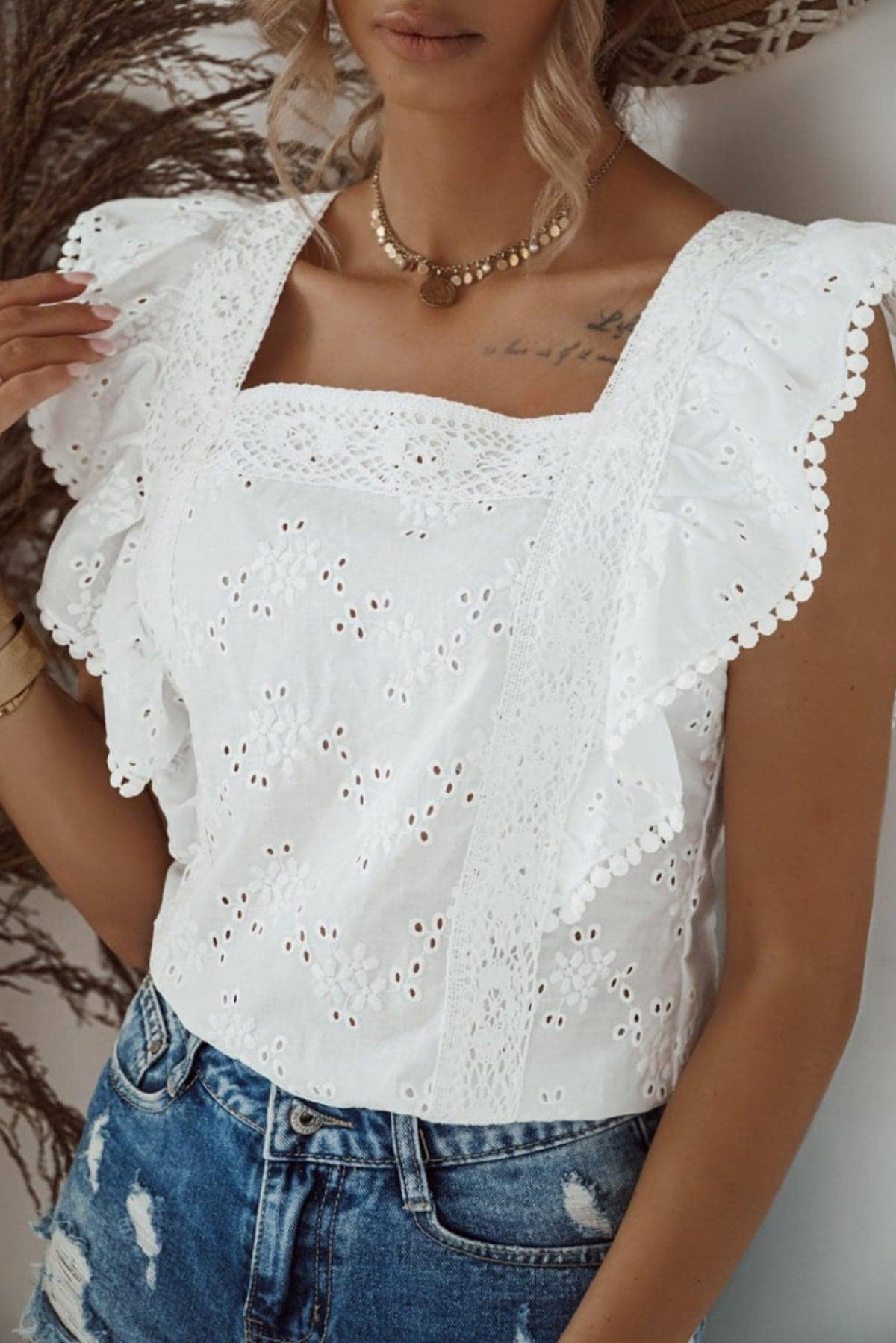 White Petals Ruffle Sleeve Blouse - Klazzi Fashion Boutique