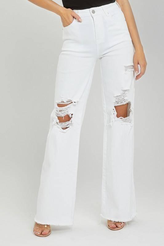 White Risen High Rise Distressed Wide Leg Denims - Klazzi Fashion Boutique