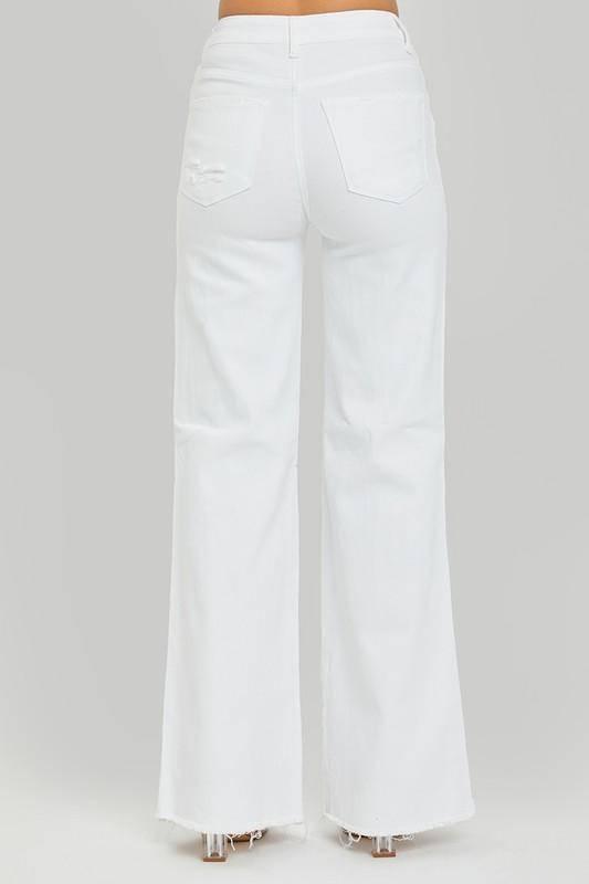 White Risen High Rise Distressed Wide Leg Denims - Klazzi Fashion Boutique