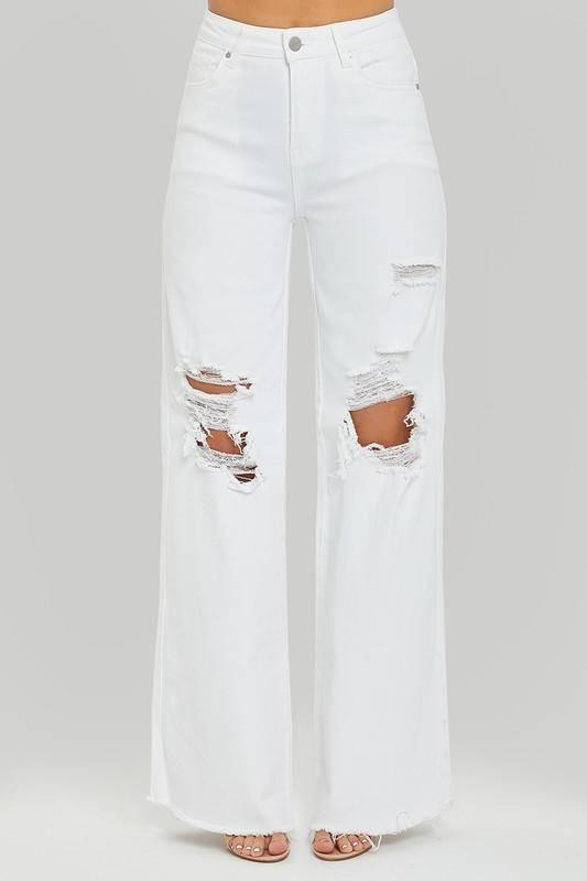 White Risen High Rise Distressed Wide Leg Denims - Klazzi Fashion Boutique