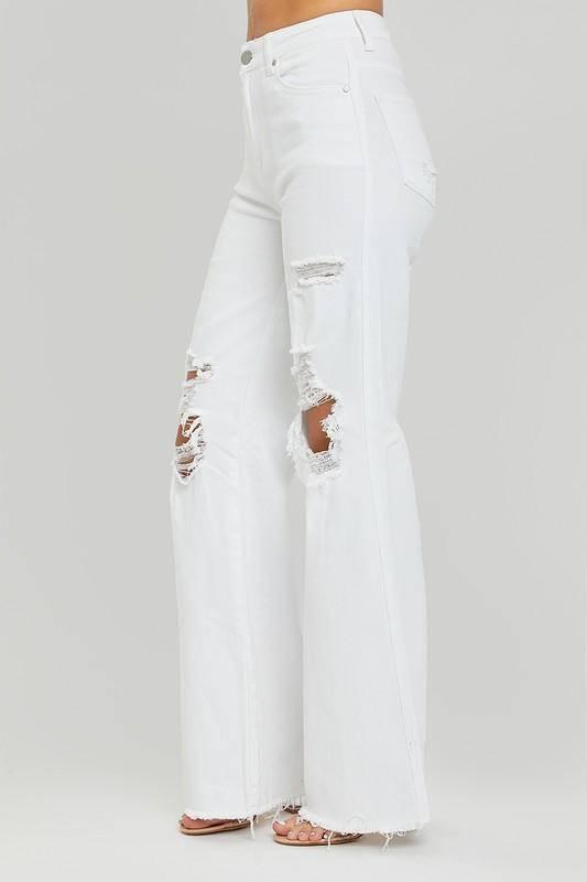 White Risen High Rise Distressed Wide Leg Denims - Klazzi Fashion Boutique