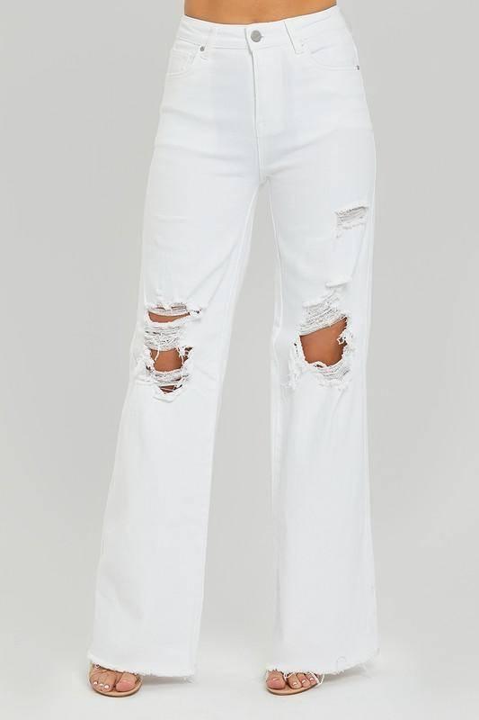 White Risen High Rise Distressed Wide Leg Denims - Klazzi Fashion Boutique