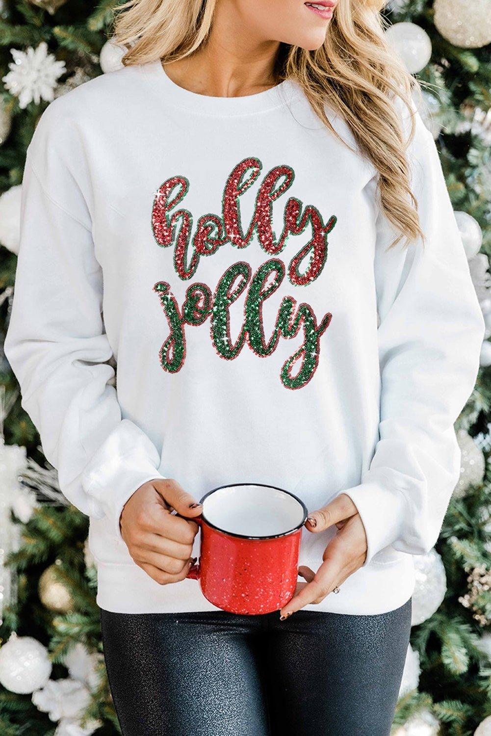 White Sequin "Holly Jolly" Graphic Christmas Sweatshirt