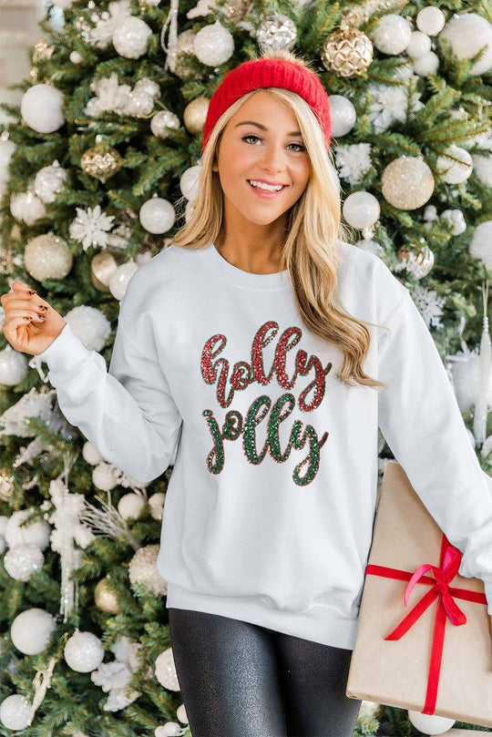 White Sequin "Holly Jolly" Graphic Christmas Sweatshirt