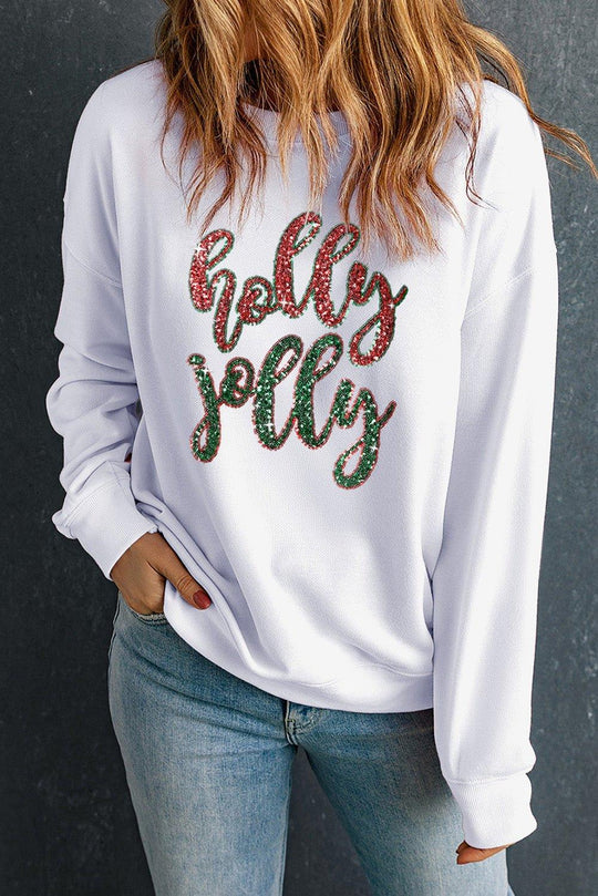 White Sequin "Holly Jolly" Graphic Christmas Sweatshirt