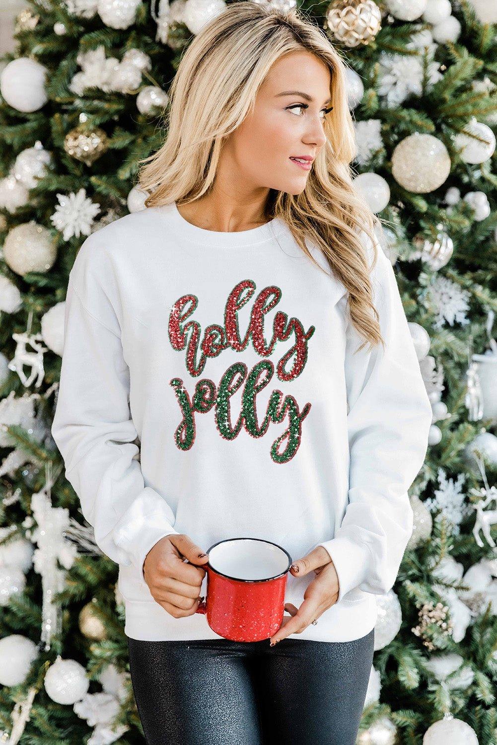 White Sequin "Holly Jolly" Graphic Christmas Sweatshirt