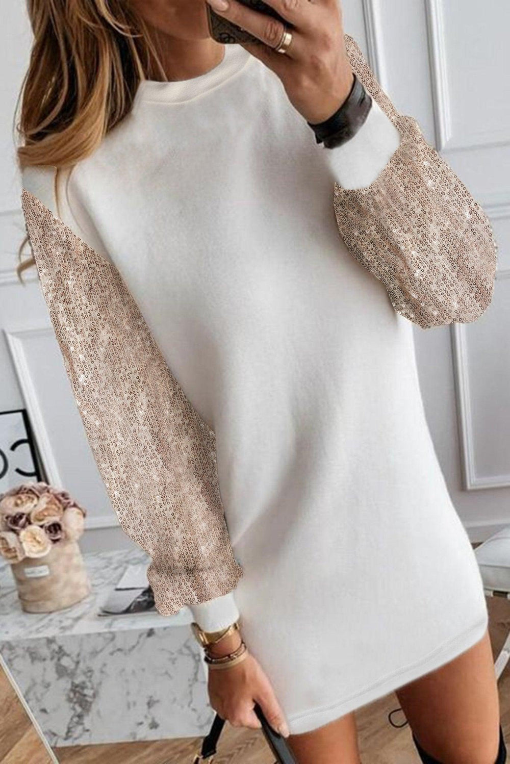 White Sequin Puff Sleeve Holiday Mini Dress