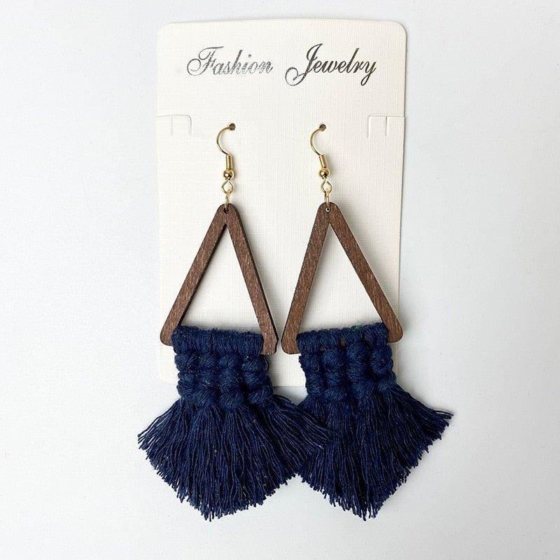 Wooden Tassel Triangle Dangle Earrings - Klazzi Fashion Boutique