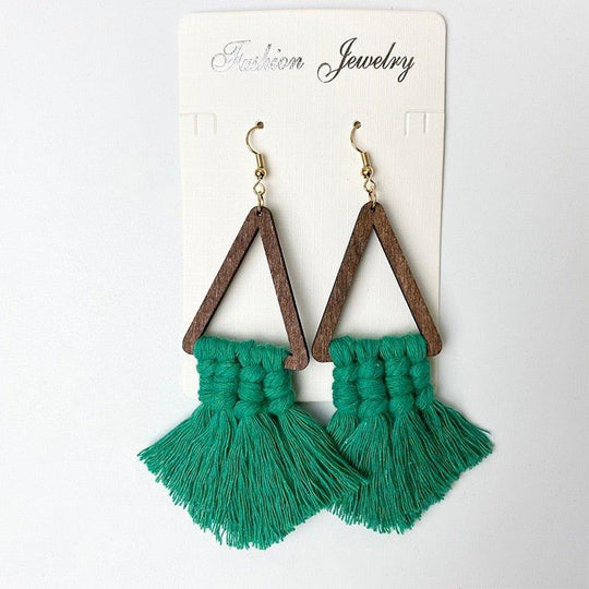 Wooden Tassel Triangle Dangle Earrings - Klazzi Fashion Boutique