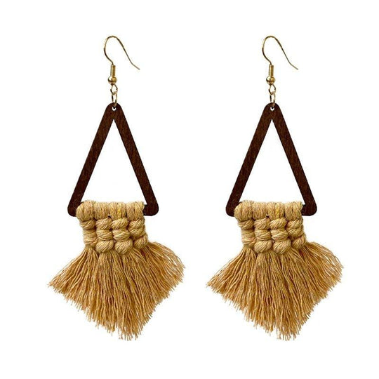 Wooden Tassel Triangle Dangle Earrings - Klazzi Fashion Boutique