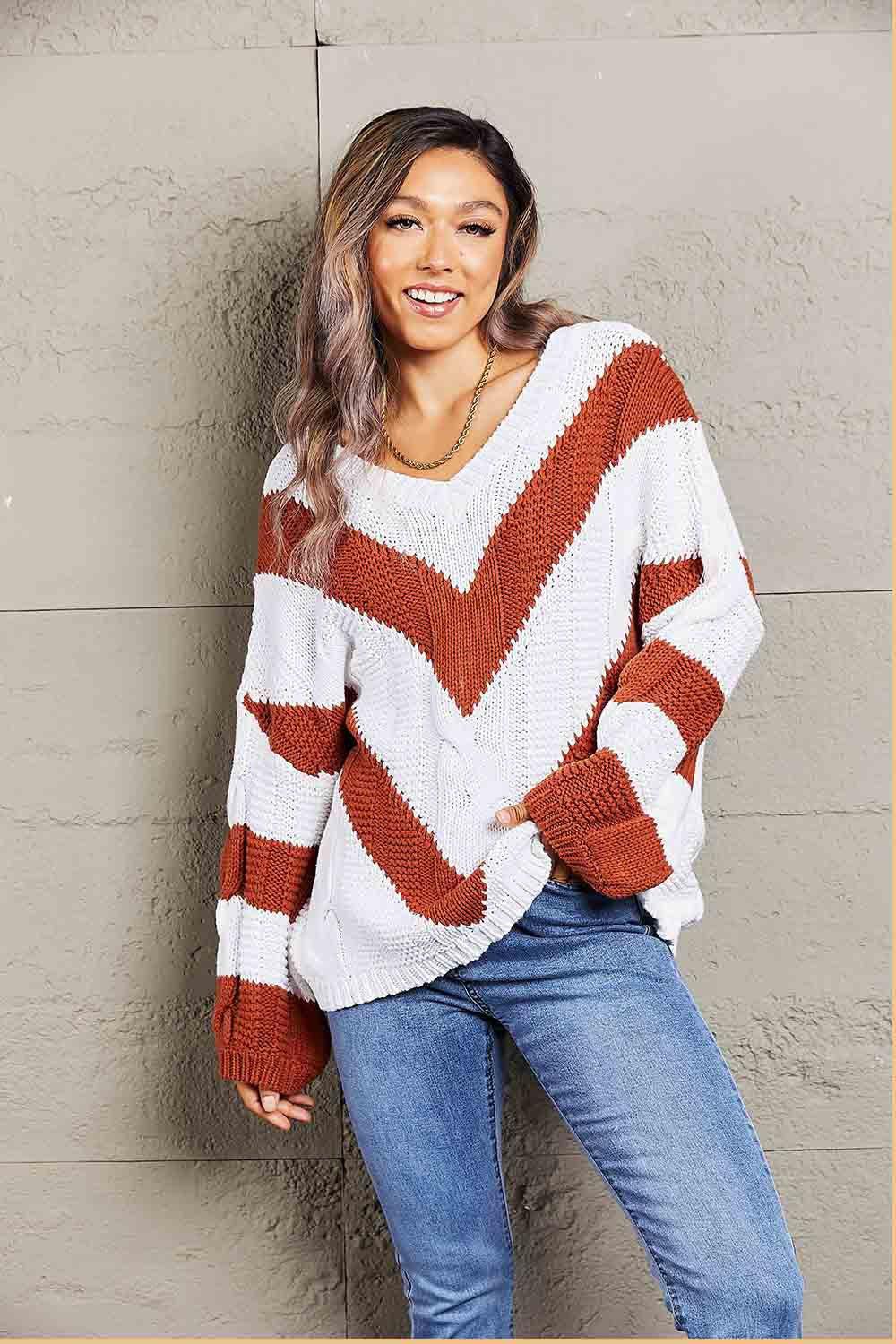 Woven Chevron Cable Knit Tunic Sweater - Klazzi Fashion Boutique